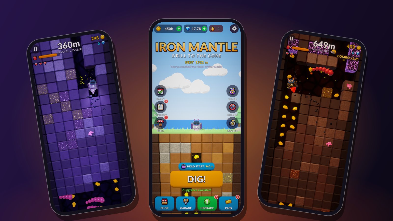 Three phones showing Iron Mantle: the Crystal Caverns, the home screen and the Magma Depths